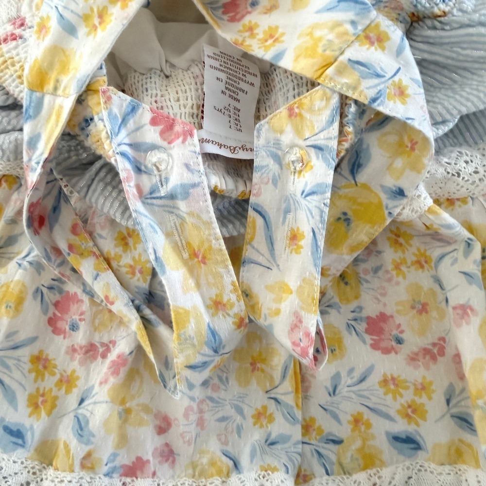 Tommy Bahama Girls Floral Seersucker Tiered Lace Dress 7 Blue Yellow Cottagecore - Picture 8 of 8